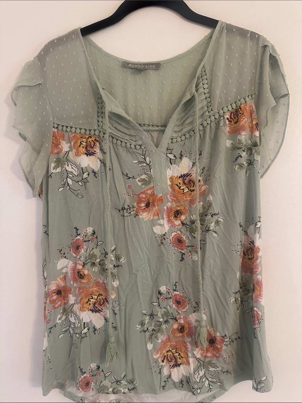 Daniel Rainn Sage Green Floral Swiss Dot Blouse Size M
